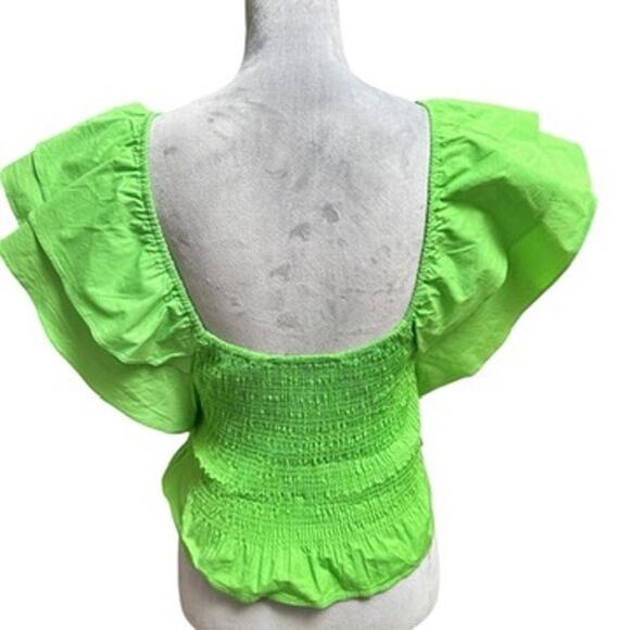 Ramy Brook Bright Green Smocked Flutter Sleeve Crop Top XS Boho Chic Festival - Picture 3 of 9